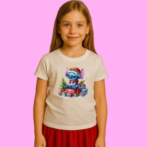 Tricou Stitch Asezat Pe Cadouri De Craciun, din bumbac 100%, tricou alb, Copii | Dama | Barbat - Img 2