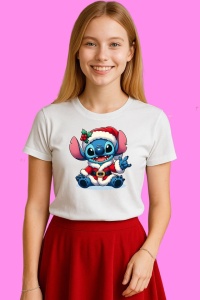 Tricou Stitch Christmas Cu Caciula Rosie Si Cana, din bumbac 100%, tricou alb, Copii | Dama | Barbat