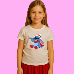 Tricou Stitch Cu Fular Rosu Craciun, din bumbac 100%, tricou alb, Copii | Dama | Barbat - Img 2