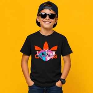 Tricou Stitch Si Angel Imbratisare Logo Portocaliu Urban Love Vibe, din bumbac 100%, tricou negru, Copii | Dama | Barbat