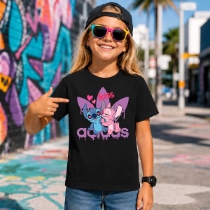 Tricou Stitch Si Angel Sarut Kiss Logo Mov Urban Aesthetic Love, din bumbac 100%, tricou negru, Copii | Dama | Barbat - Img 7