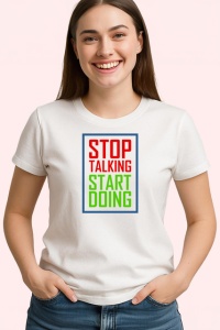 Tricou Stop Talking Start Doing Text Verde Rosu, din bumbac 100% , tricou alb pentru Copii | Dama | Barbat - Img 3