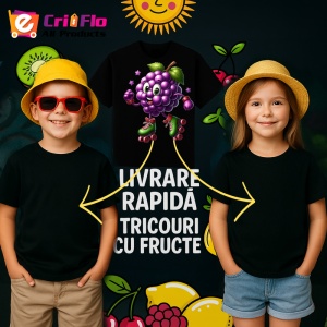 Tricou Strugure amuzant de vara pe role, Fructe, Copii | Dama, culoare negru - Img 6