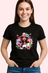 Tricou Summer hat woman floral, femeie cu palarie de vara si flori, Copii | Dama | Barbat , tricou negru - Img 3