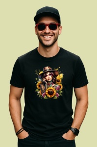 Tricou Sunflower bouquet girl hat, fata cu palarie si buchet de floarea soarelui, Copii | Dama | Barbat , tricou negru - Img 3