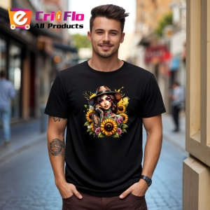 Tricou Sunflower bouquet girl hat, fata cu palarie si buchet de floarea soarelui, Copii | Dama | Barbat , tricou negru - Img 10