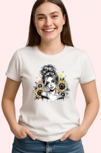 Tricou sunflower shoulder girl sketch style, fata cu floarea soarelui pe umar stil schita, Copii | Dama | Barbat - Img 4