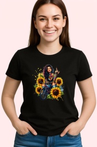Tricou Sunflower unicycle rebel girl, fata rebela cu monociclu si floarea soarelui, Copii | Dama | Barbat , tricou negru - Img 3