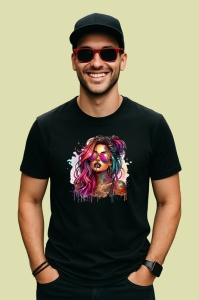 Tricou Sunglasses girl rainbow style tattooed, fata cu ochelari stil curcubeu si tatuaje, Copii | Dama | Barbat , tricou negru - Img 3