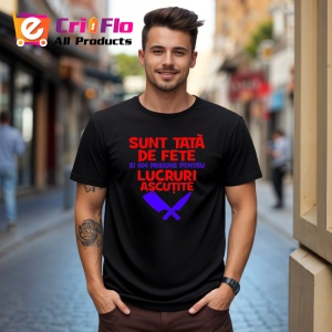 Tricou sunt tata de fete si am pasiune pentru lucruri ascutite mesaj glumet, Copii | Dama | Barbat , tricou negru