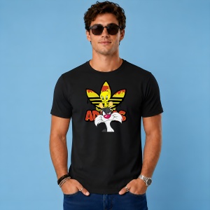 Tricou Sylvester Motanul Logo Galben Rosu Urban Cartoon Art, din bumbac 100%, tricou negru, Copii | Dama | Barbat