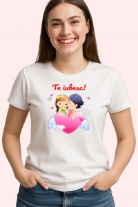 Tricou Te Iubesc Cuplu Copii Pe Nori Inima Roz, din bumbac 100% , tricou alb pentru Copii | Dama | Barbat