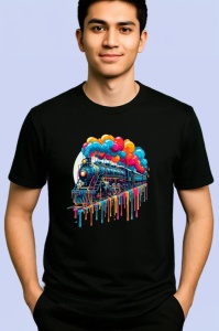 Tricou Tren cu baloane colorate si vopsea fundal alb Copii | Dama | Barbat, culoare negru - Img 2