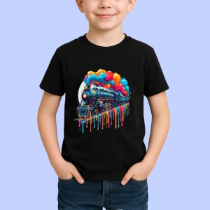 Tricou Tren cu baloane colorate si vopsea fundal alb Copii | Dama | Barbat, culoare negru - Img 4