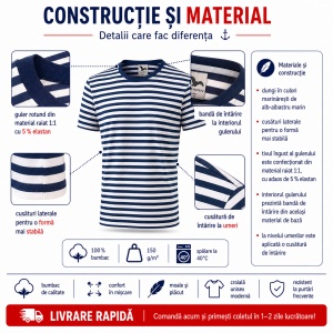 Tricou Unisex Damă și Bărbat Malfini 803 Sailor, Tip Marinăresc cu Dungi Alb–Albastru Marin, 100% Bumbac, 150 g/m², XS–3XL - Img 6