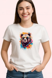 Tricou Urs Cu Ochelari De Soare Stil Graffiti Colorat, din bumbac 100% , tricou alb pentru Copii | Dama | Barbat