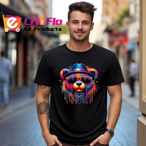 Tricou Urs cu palarie si ochelari fundal graffiti colorat Copii | Dama | Barbat, culoare negru - Img 6
