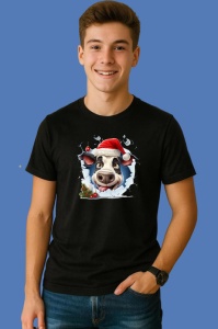 Tricou Vaca Cu Caciula Rosie Craciun, din bumbac 100% Copii | Dama | Barbat - Img 2