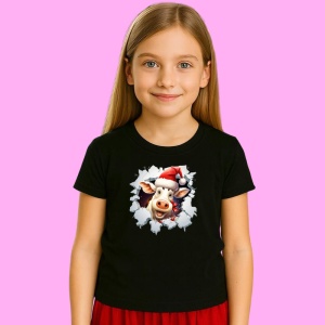 Tricou Vaca Fericita Cu Caciula Mosului Craciun, din bumbac 100% Copii | Dama | Barbat