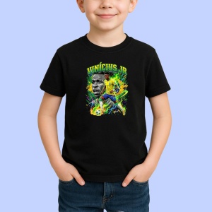 Tricou Vinicius Jr Brazilia Vedeta Fotbal Real, din bumbac 100%, tricou negru Copii | Dama | Barbat - Img 2