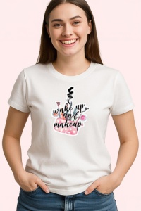 Tricou Wake Up And Makeup Ilustratie Cosmetice Roz, din bumbac 100% , tricou alb pentru Dama - Img 2