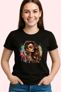 Tricou Windswept long hair sunglasses tattooed, par in vant si ochelari fata tatuata, Copii | Dama | Barbat , tricou negru - Img 3