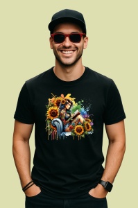 Tricou Woman sitting with sunflowers, femeie asezata cu floarea soarelui, Copii | Dama | Barbat , tricou negru - Img 4