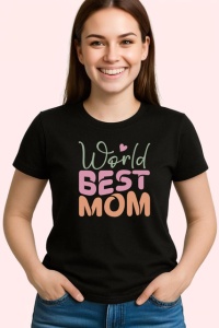 Tricou World Best Mom Text Roz Si Crem Elegant, din bumbac 100%, tricou negru Dama | Barbat - Img 2