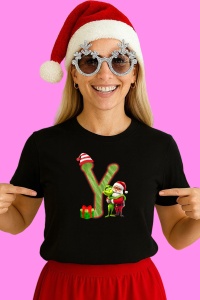 Tricou Y Litere Craciun Cu Mos Si Grinch, din bumbac 100% Copii | Dama | Barbat
