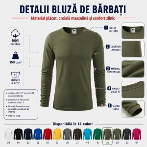 Bluză Bărbați Malfini FIT-T LS 119, 100% Bumbac, Mâneci Lungi, Slim Fit, 160 g/m², Guler Rotund - Img 3