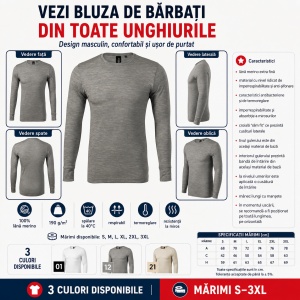 Bluză Bărbați Malfini Merino Rise LS 159, 100% Lână Merino, 190 g/m², Mânecă Lungă, Slim Fit, Termoreglare, Anti Miros, Mărimi S–3XL - Img 6
