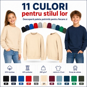 Bluză copii cu mânecă lungă tip hanorac pentru fete și băieți Malfini 427 Crew, fără glugă, cu interior pieptănat
