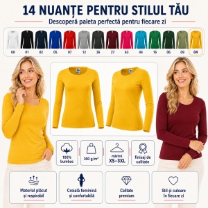 Bluză Damă decoltată din bumbac 100, slim fit cu mânecă lungă - 14 nuanțe - Img 7