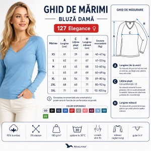 Bluză Damă Malfini Elegance 127 cu Mânecă Lungă și Guler V, 95% Bumbac – XS–3XL - Img 3