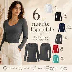 Bluză Damă Malfini Premium Brave 156 – Mânecă Lungă, Slim Fit, 95% Bumbac, 5% Elastan, 160 g/m²