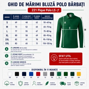 Bluză polo bărbați Malfini Pique Polo LS 221, mânecă lungă, 65% bumbac, 200 g/m² - Img 4