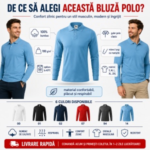 Bluză polo bărbați Malfini Single J. LS 211, mânecă lungă, 100% bumbac - Img 2