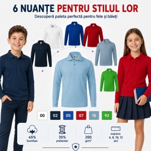 Bluză Polo Copii Malfini cu Mânecă Lungă, 65% Bumbac, Unisex Fete și Băieți, 6–12 Ani, 6 Culori - Img 8