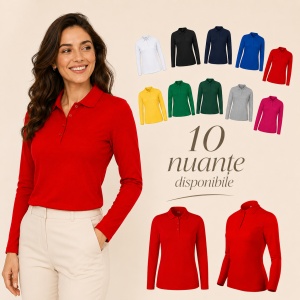 Bluză Polo Damă cu Mânecă Lungă Malfini, Croială Cambrată, Guler Polo Raiat, 4 Nasturi, 10 Culori, Mărimi XS–2XL