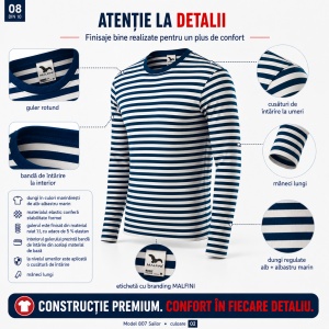 Bluză unisex damă și bărbat Malfini 807 Sailor, tip marinăresc, mânecă lungă, 100% bumbac, 150 g/m² - Img 11