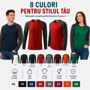 Bluză Unisex Damă și Bărbat Rimeck 130 Street LS, Bicoloră, Mâneci Lungi Raglan, 100% Bumbac, 180 g/m², S–4XL - Img 5
