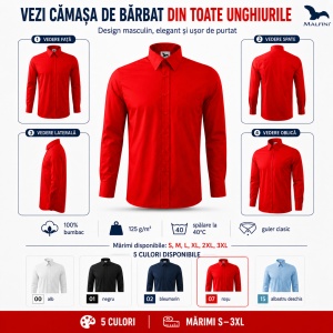 Cămașă bărbați cu mânecă lungă Malfini 209 Style LS, 100% bumbac, croială regular fit, guler clasic și buzunar la piept - Img 5