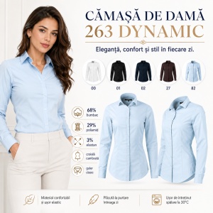 Cămașă Damă Malfini 263 Dynamic, Mânecă Lungă, Croială Cambrată, 68% Bumbac, 29% Poliamidă, 3% Elastan