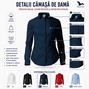 Cămașă damă tip office Malfini 229 Style LS, 100% bumbac, croială feminină și mânecă lungă - Img 8