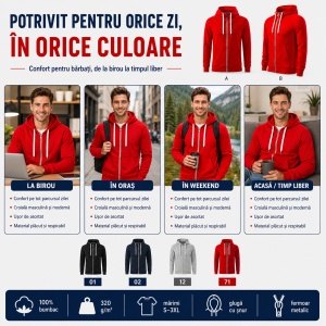 Hanorac bărbătesc cu fermoar 452 Voyage, 100% bumbac, 320 g/m², glugă cu șnur, buzunar marsupiu, 4 culori, mărimi S–3XL - Img 5