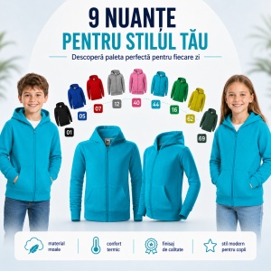 Hanorac Copii Băiat sau Fată cu Fermoar și Glugă – 65% Bumbac, Interior Pieptănat, 300 g/m² | 6–12 Ani