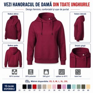 Hanorac Damă cu Glugă și Buzunare Tip Marsupiu Malfini 421 Moon – 280 g/m² - Img 5