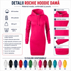 Hanorac Lung Tip Rochie Damă cu Glugă și Buzunar Marsupiu Malfini 419 Snap – 320 g/m² - Img 10