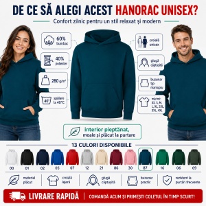 Hanorac Unisex Damă și Bărbați cu Glugă – 60% Bumbac, Interior Pieptănat, 280 g/m², XS–4XL - Img 2