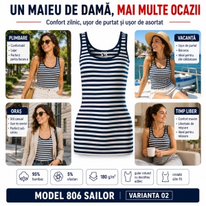 Maieu Top Damă Marinăresc cu Dungi Alb, tricou fără mâneci -Albastru Marin – Malfini 806 Sailor, 95% Bumbac, Slim Fit - Img 6